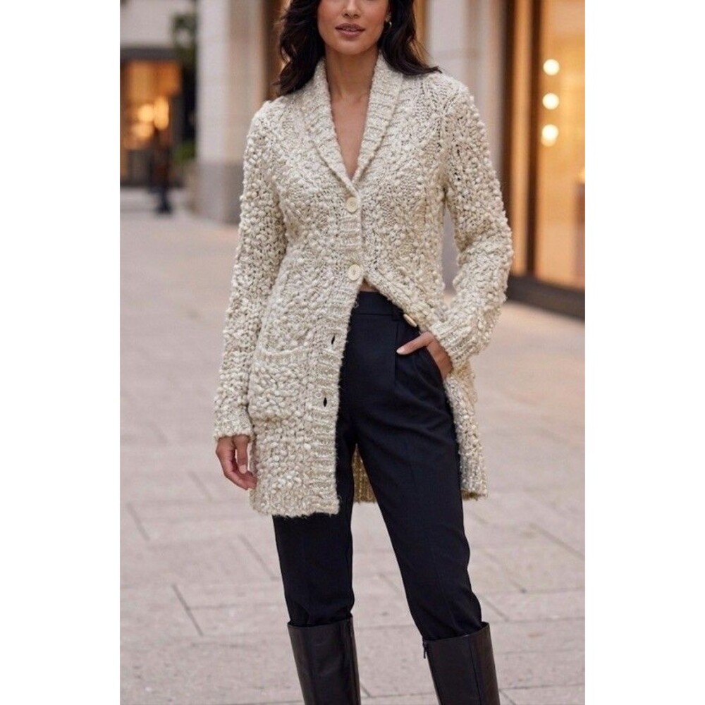 Kenzie Wool Blend Knit Cardigan Sweater Coat Metallic Gold Lurex Cream L Bohemia